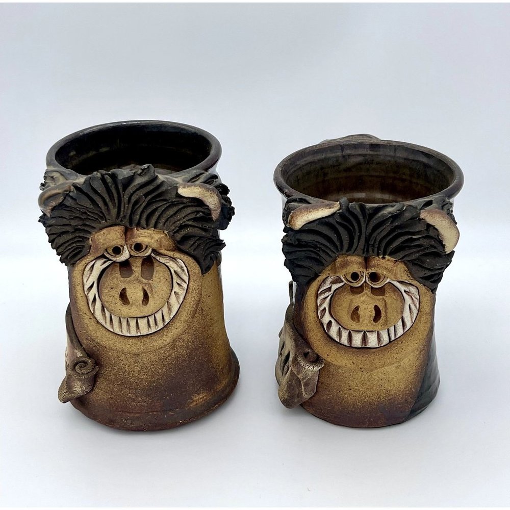 VTG 1976 Chip Fyn earthenware mugs Jethno & Dean smiling monsters w/horns